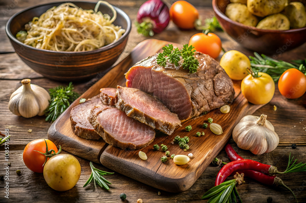 A beautifully arranged platter featuring sliced roast beef, garnished with herbs, accompanied by pasta, vegetables, and garlic, set on a rustic wooden table. A beautifully arranged platter featuring sliced roast beef, garnished with herbs, accompanied by pasta, vegetables, and garlic, set on a rustic wooden table.