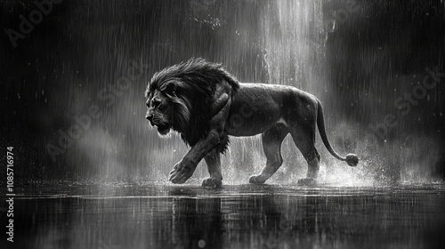 Majestic Lion Walking in Rain, Black and White Photography, Powerful, Wild, Nature