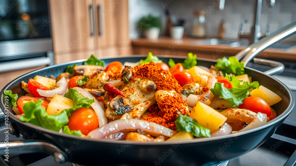 Salad with octopus, potatoes and vegetables in a frying pan Salad with octopus, potatoes and vegetables in a frying pan