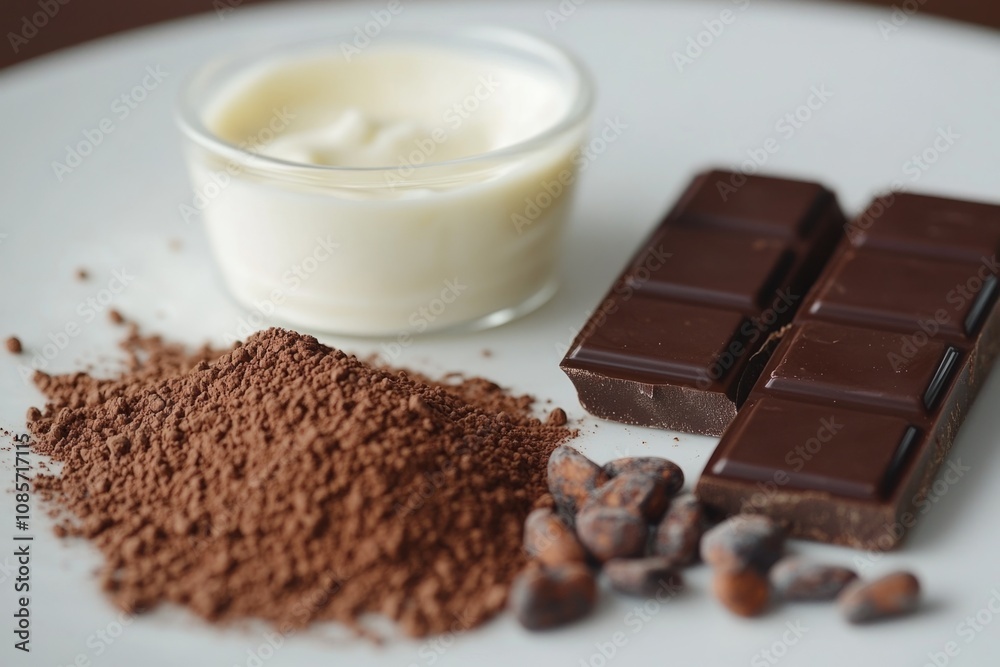 Cocoa powder, cocoa beans, cocoa butter and dark chocolate creating delicious dessert Cocoa powder, cocoa beans, cocoa butter and dark chocolate creating delicious dessert