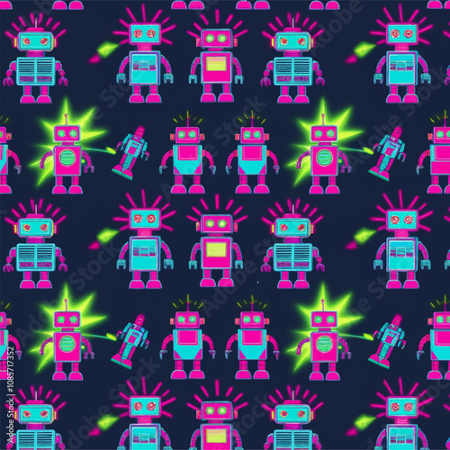 neon colored robots pattern retro background 90s