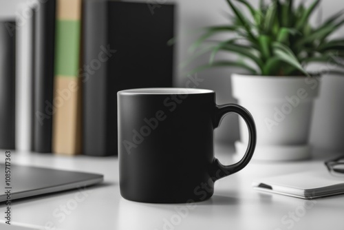 Black mug sits on a white table, accompanied by books, laptop, plant, and notepad, creating a cozy home office ambiance