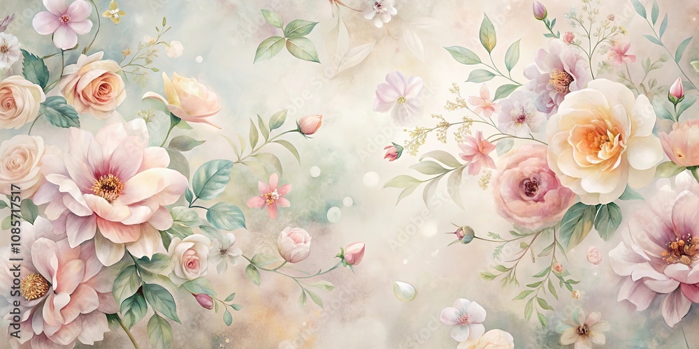 Fototapeta Pastel Floral Bouquet A Delicate Watercolor Painting of Roses and Blossoms on a Soft Background