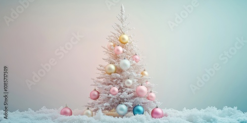 Slim white Christmas tree with pastel ornaments light