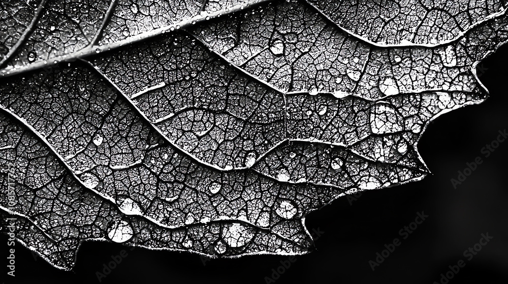 Fototapeta premium Close-up of a rain-soaked leaf capturing droplets of water glistening in natural light after a gentle shower in a serene forest