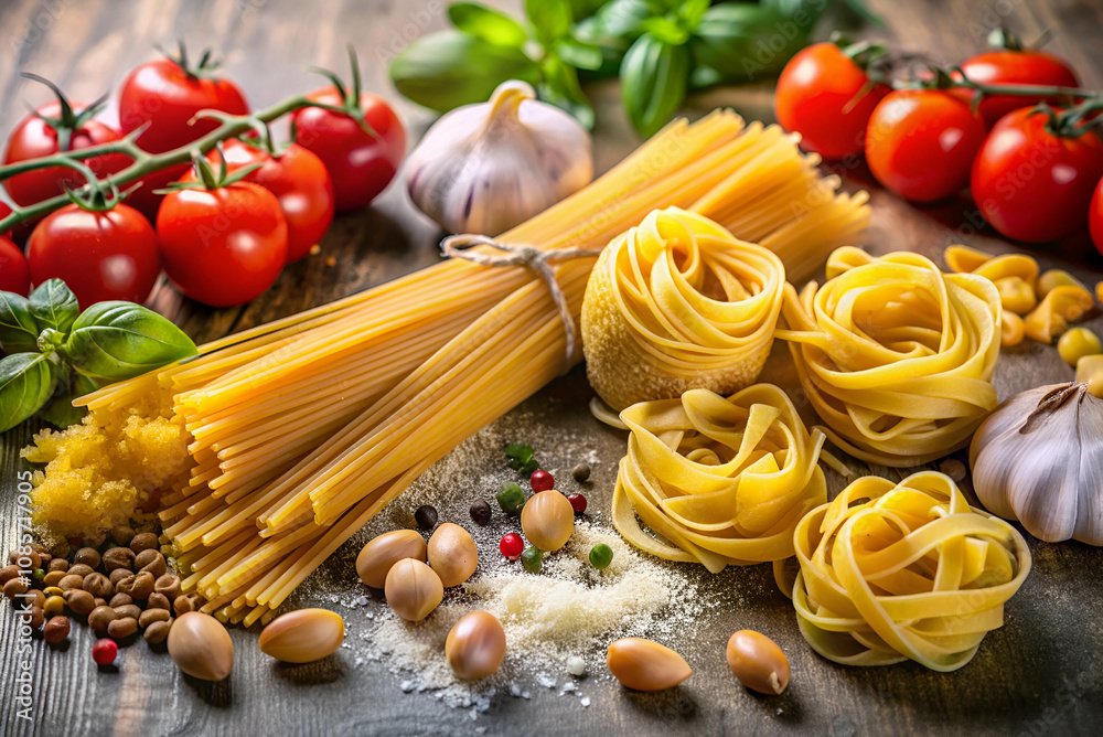 A vibrant display of pasta, fresh tomatoes, garlic, and basil arranged on a rustic wooden surface, evoking an Italian culinary theme. A vibrant display of pasta, fresh tomatoes, garlic, and basil arranged on a rustic wooden surface, evoking an Italian culinary theme.