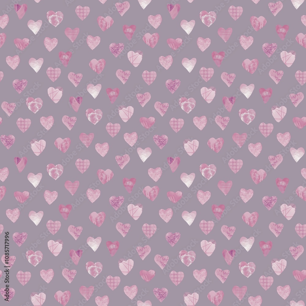 Seamless pattern of hand-drawn hearts in pastel pinks and purples on a muted purple background, featuring watercolor textures. Perfect for romantic and decorative projects Seamless pattern of hand-drawn hearts in pastel pinks and purples on a muted purple background, featuring watercolor textures. Perfect for romantic and decorative projects
