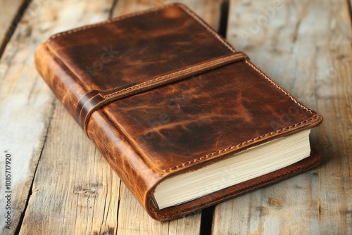 Brown leather-bound journal closed with a strap, placed on a weathered wooden table, evokes a sense of vintage charm and literary pursuits