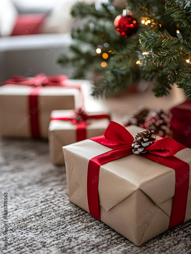 Gifts with ribbon bow under Christmas tree in living room.Gift box against fireplace. Home decor. Xmas and New Year celebration. Festive present and sale. Banner with copy space greeting card, poster Gifts with ribbon bow under Christmas tree in living room.Gift box against fireplace. Home decor. Xmas and New Year celebration. Festive present and sale. Banner with copy space greeting card, poster