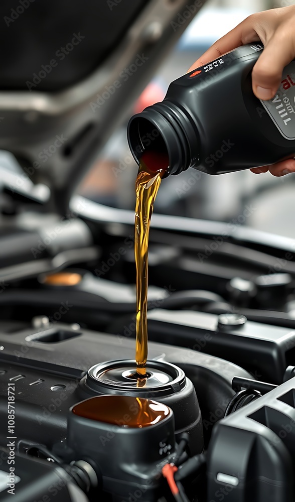 © NguyenHaiPhuong - Close-up of Mechanic Pouring Fresh Oil into Car Engine