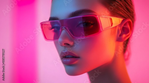 Stylish woman in sleek sunglasses with glowing neon lighting