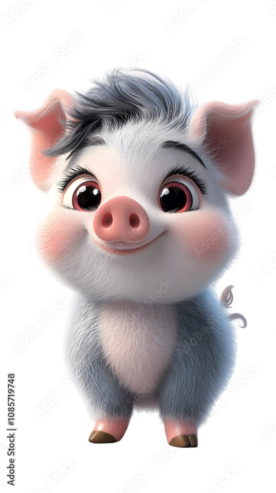 Fototapeta premium Pig cartoon isolated on transparent background. png. clipart. grey pig with soft fur details and a cheerful expression, rendered in cartoon style, ideal for educational visuals and farm designs