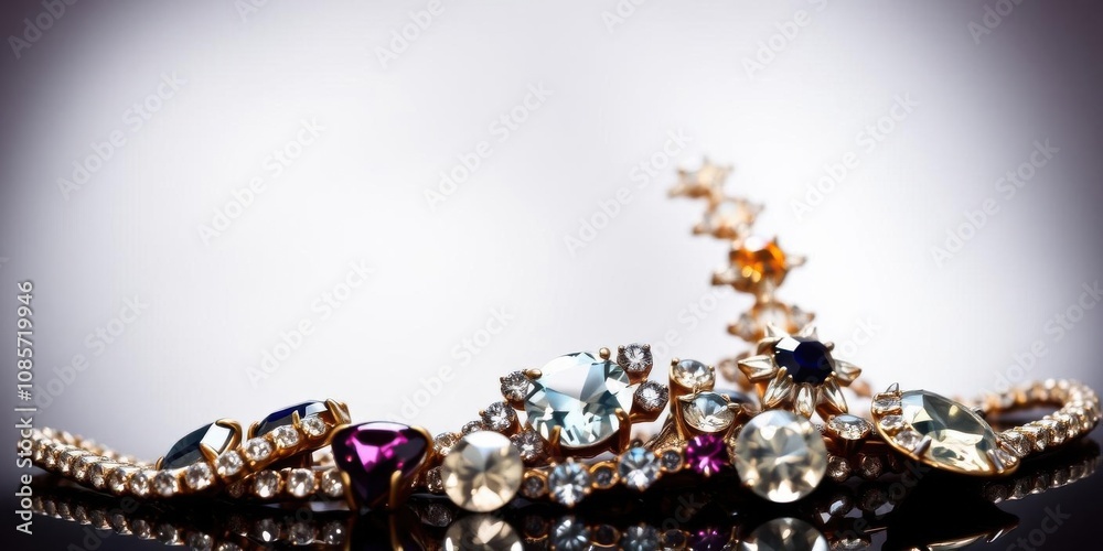 A collection of sparkling jewels on a sleek grey background, precious, fashion, adornment A collection of sparkling jewels on a sleek grey background, precious, fashion, adornment
