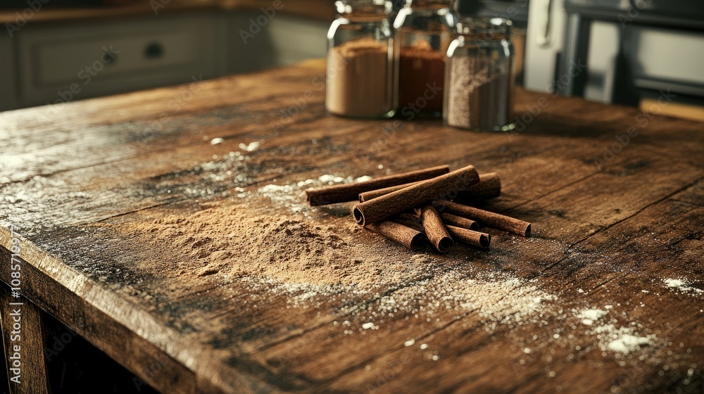 Rustic Kitchen Table with Cinnamon Sticks and Baking Ingredients on Display, Capturing the Essence of Cozy Home Cooking and Warm Flavorful Aromas Rustic Kitchen Table with Cinnamon Sticks and Baking Ingredients on Display, Capturing the Essence of Cozy Home Cooking and Warm Flavorful Aromas