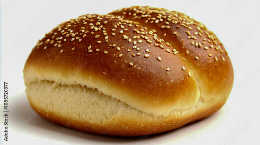 Sesame seed bun isolated on a white background, showcasing its texture and details