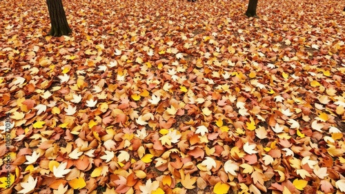 Fototapeta Naklejka Na Ścianę i Meble -  A colorful array of fallen leaves covering the ground in a serene forest setting during Autumn season, ground cover, natural, autumn