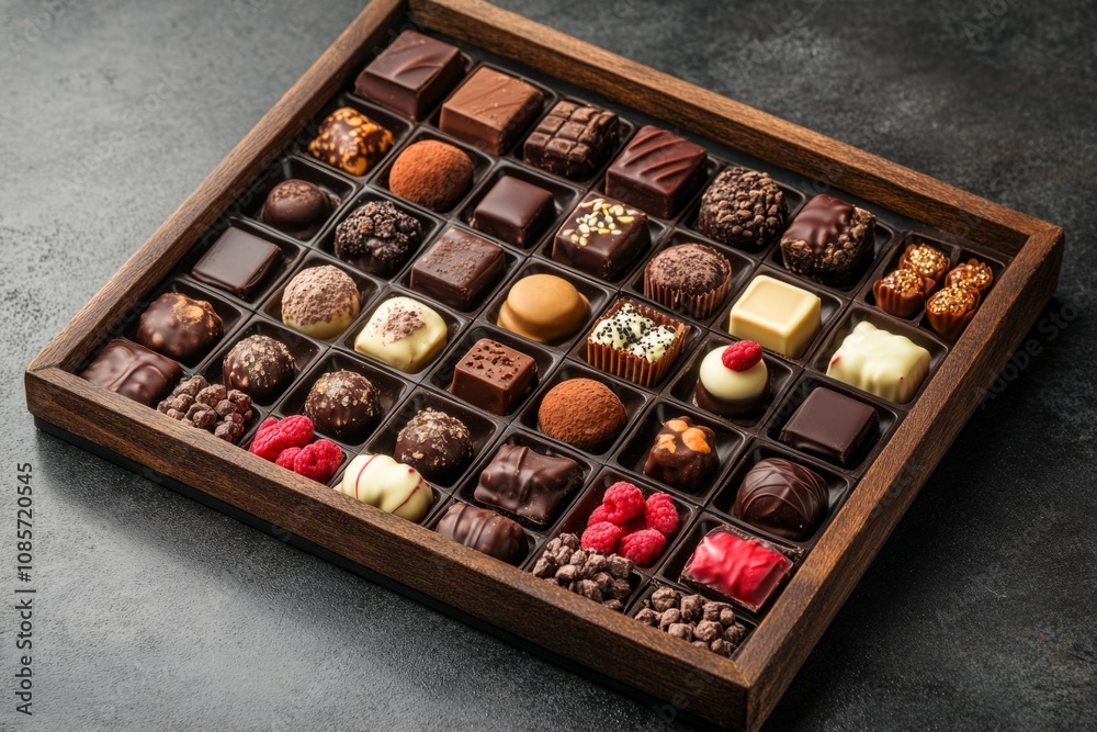 Luxurious chocolates arranged in wooden box, showcasing diverse selection of flavors and textures