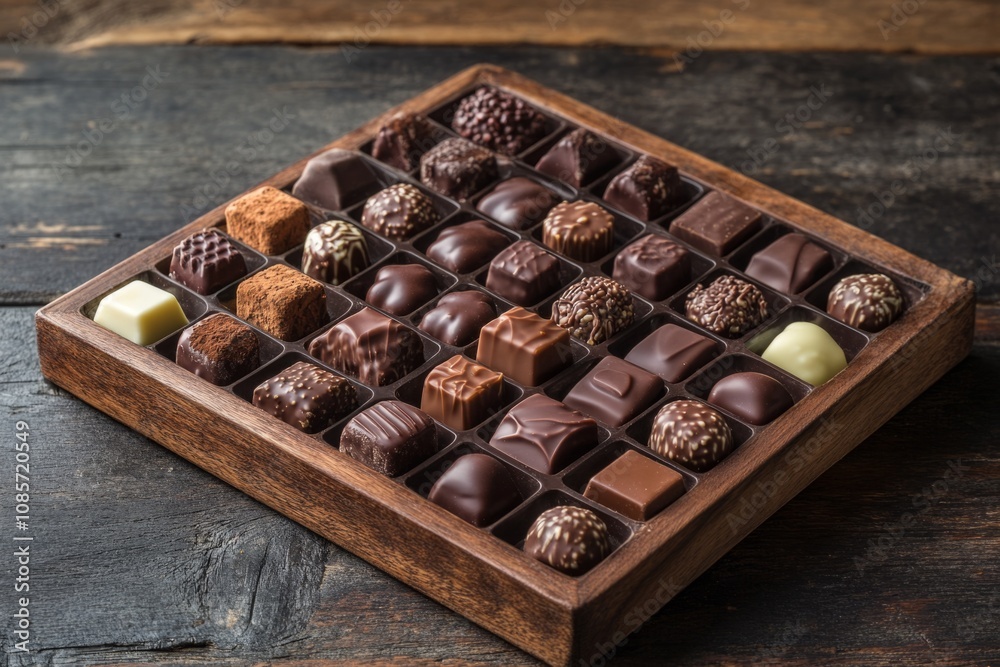Luxurious chocolates arranged in wooden box, showcasing diverse selection of flavors and textures Luxurious chocolates arranged in wooden box, showcasing diverse selection of flavors and textures