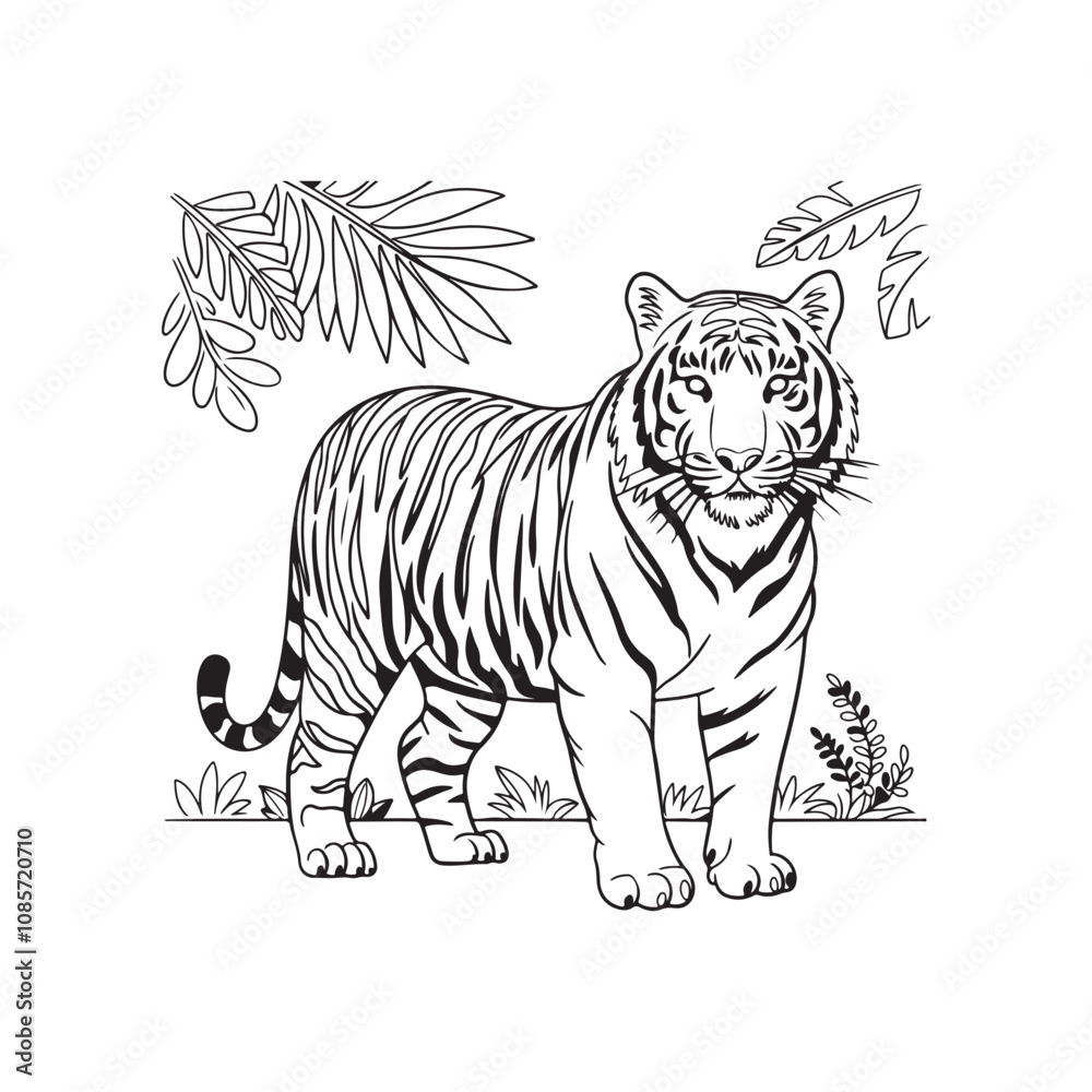 Naklejka premium Tiger Line Art Illustration with Jungle Leaves