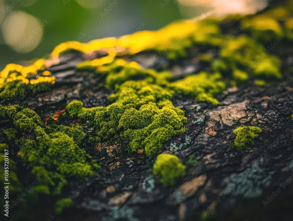 Obraz premium detailed close-up of tree bark covered in vibrant green moss, emphasizing the rich textures and colors of nature, perfect for a calming wallpaper
