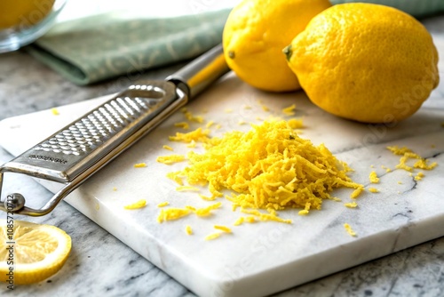 Fresh Lemon Zest on a Marble Slab with Microplane and Lemons for Culinary Inspiration in Food Photography photo