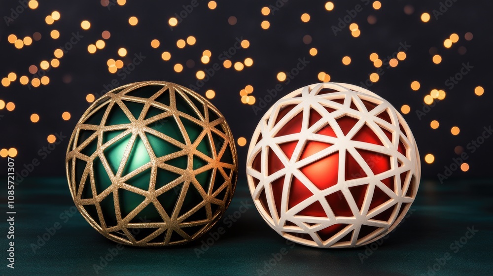 A festive arrangement showcases red and gold ornaments placed elegantly alongside pine branches on a dark green surface, creating a warm Christmas ambiance with bokeh lights A festive arrangement showcases red and gold ornaments placed elegantly alongside pine branches on a dark green surface, creating a warm Christmas ambiance with bokeh lights