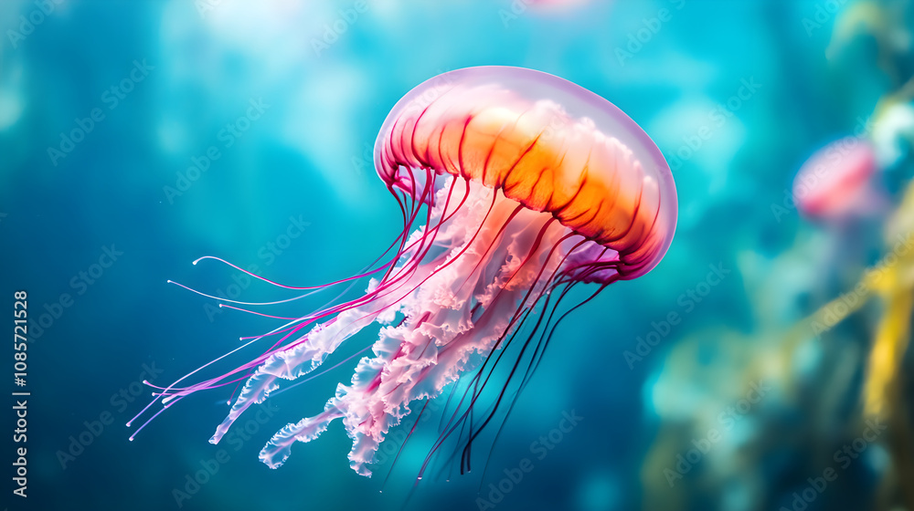 Naklejka premium vibrant pink jellyfish gracefully floats in ocean depths