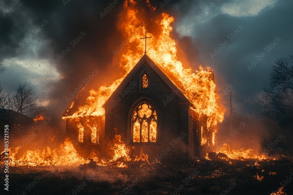 Large flames engulfing a church building under a dark and ominous sky Large flames engulfing a church building under a dark and ominous sky
