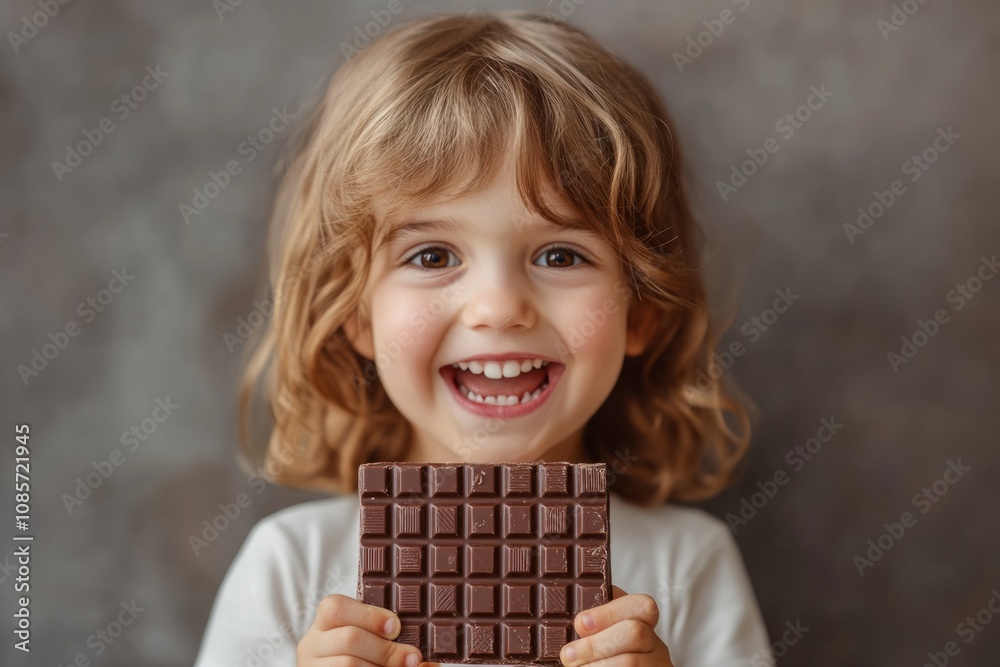 Cute little girl with curly hair holding a chocolate bar and smiling on a gray background Cute little girl with curly hair holding a chocolate bar and smiling on a gray background