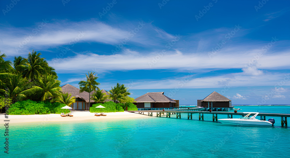 Fototapeta premium Luxury beach resort with overwater villas, palm trees, and turquoise water under a bright blue sky.