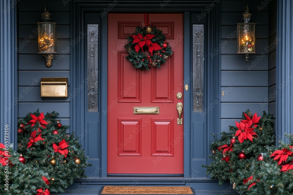 Red door with Christmas decorations and a mailbox on front porch, festive holiday home decor, decorated for the season. Red door with Christmas decorations and a mailbox on front porch, festive holiday home decor, decorated for the season.