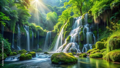 Serene Cascading Waterfall in Lush Green Forest, Sunbeams Illuminating Mossy Rocks and Tranquil Pool