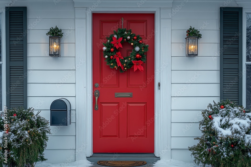 Red door with Christmas decorations and a mailbox on front porch, festive holiday home decor, decorated for the season. Red door with Christmas decorations and a mailbox on front porch, festive holiday home decor, decorated for the season.