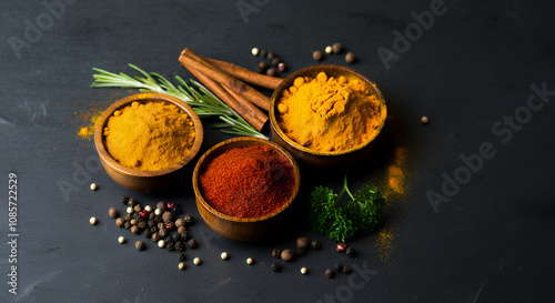 Top View of Exotic Spices on a Dark Slate Background