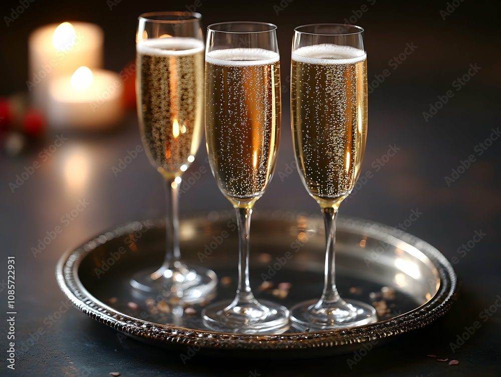 Three champagne flutes on a silver tray with candles in the background. Three champagne flutes on a silver tray with candles in the background.