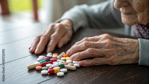 Close-up of an elderly woman's hands sorting colorful pills on a wooden table. The image conveys themes of senior health, medication, and the challenges of managing prescriptions in later years.