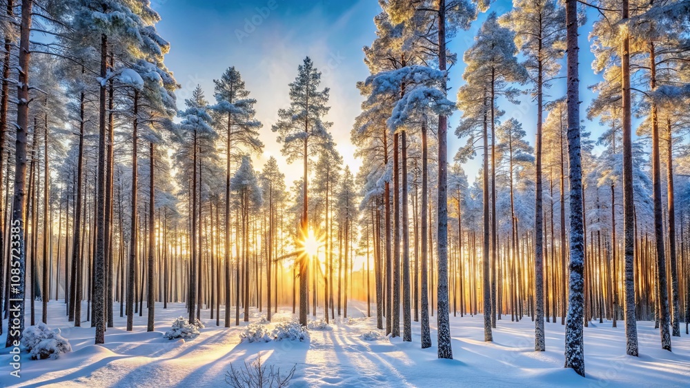 Fototapeta premium Serene Winter Sunrise in a Snow-Covered Pine Forest