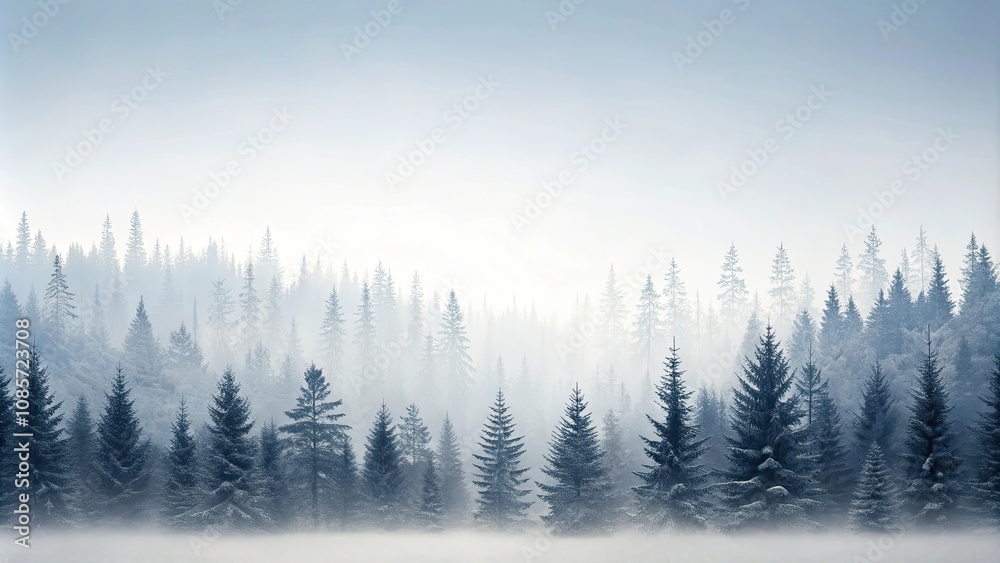 Serene Winter Forest Landscape Snow-Covered Evergreens in Misty Morning Light