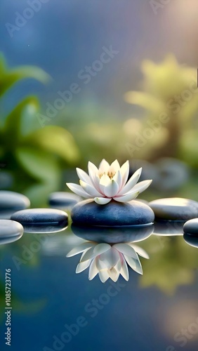 Vertical picture. A delicate white water lily lies on smooth gray stones in a quiet pond against a background of green plants. Relaxation, meditation. Spa-themed content creation concept.