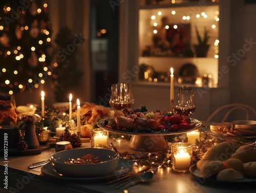 elegant christmas dinner table setting adorned with festive decorations, flickering candles, and a beautifully arranged feast, warm ambient lighting creating a cozy holiday atmosphere