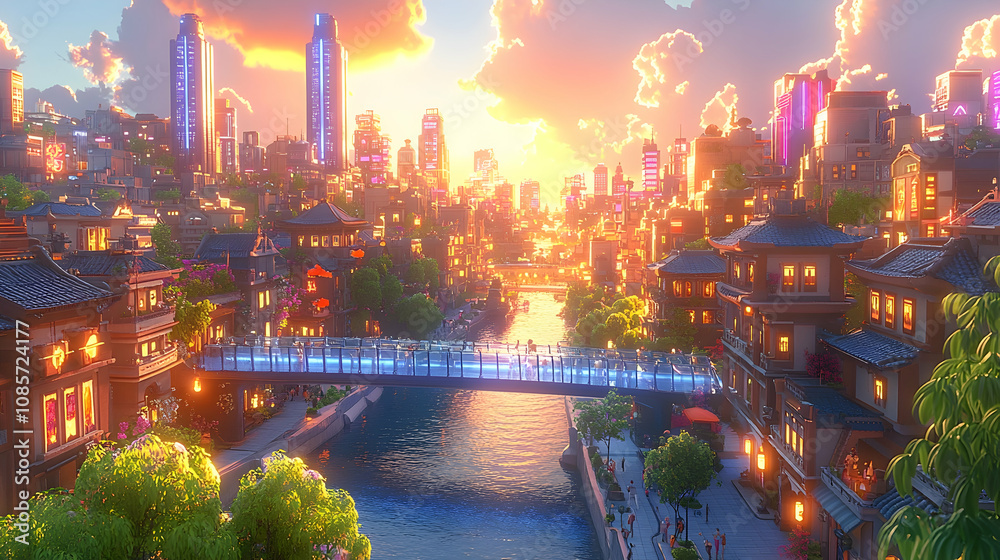 Obraz premium Vibrant cityscape at sunset with a modern bridge over a canal. Colorful buildings, bustling streets, and a serene atmosphere.