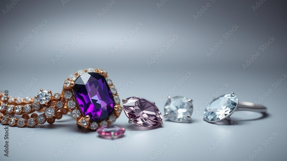 A variety of exquisite jewels on a sleek grey background, luxury, elegance, gems A variety of exquisite jewels on a sleek grey background, luxury, elegance, gems