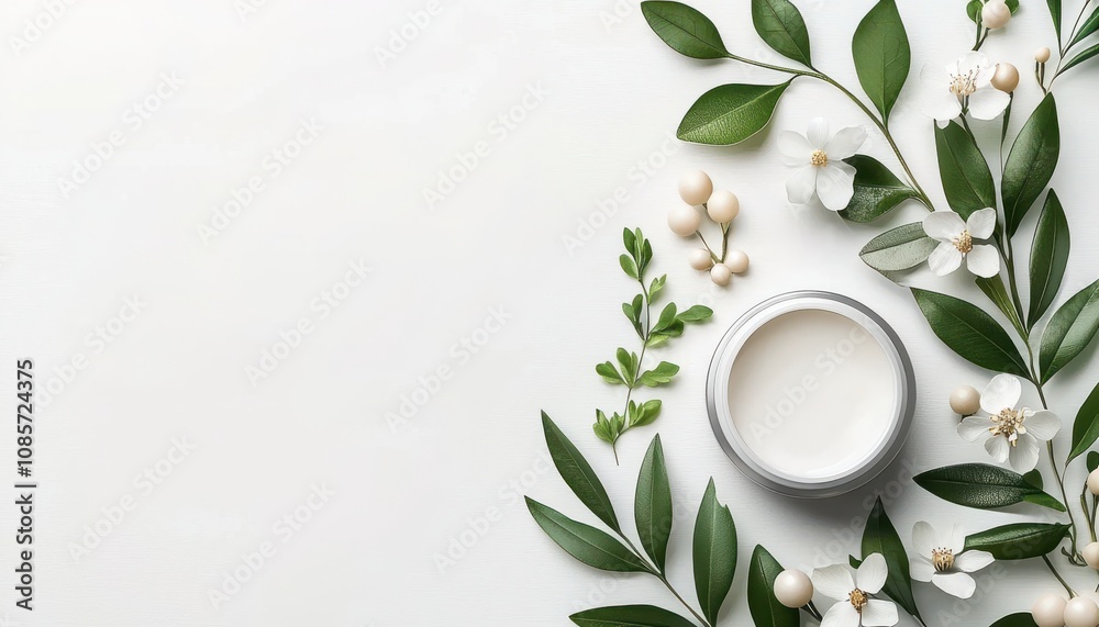 A serene arrangement of green leaves and delicate flowers surrounding a cosmetic cream jar. A serene arrangement of green leaves and delicate flowers surrounding a cosmetic cream jar.