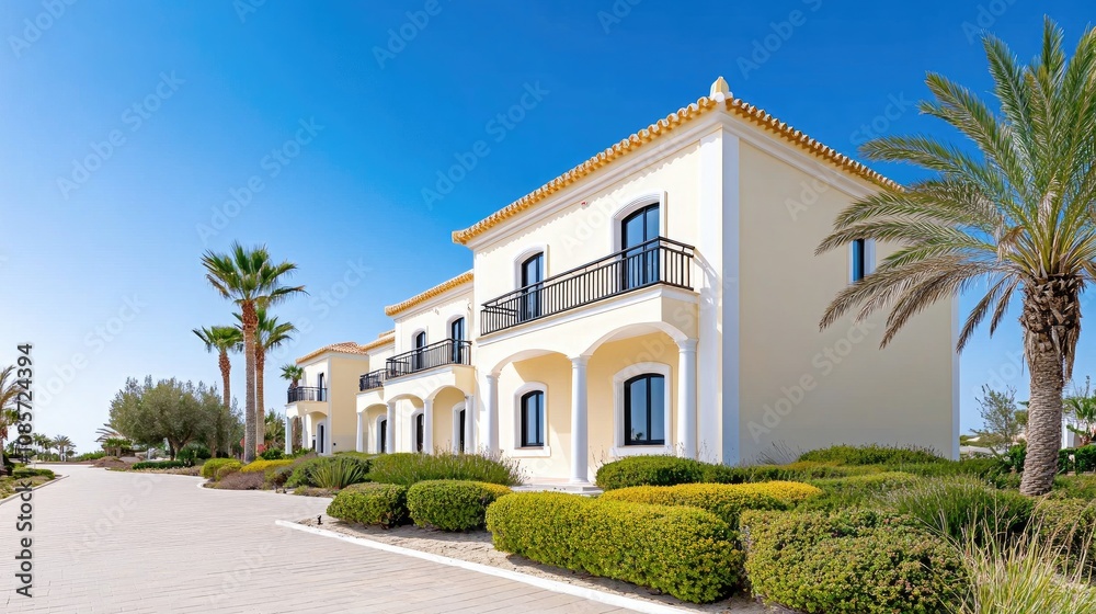 A luxurious two-story villa featuring Greek-style columns and elegant balconies under a bright blue sky A luxurious two-story villa featuring Greek-style columns and elegant balconies under a bright blue sky