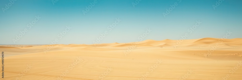 A vast and arid desert landscape under a clear blue sky, arid, extreme conditions, sand dunes