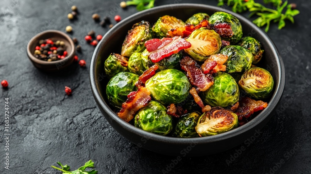 Freshly Cooked Brussels Sprouts in Black Bowl With Colorful Vegetables and Spices on Rustic Table Representing Healthy and Wholesome Meal Freshly Cooked Brussels Sprouts in Black Bowl With Colorful Vegetables and Spices on Rustic Table Representing Healthy and Wholesome Meal
