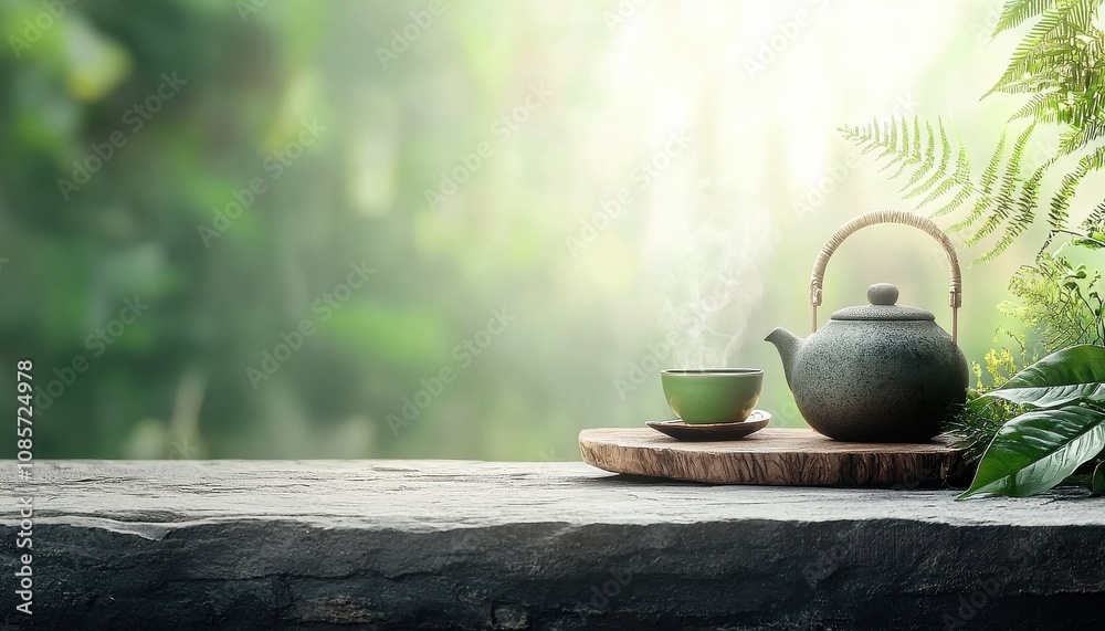 A serene tea setup with a kettle and cup surrounded by nature's beauty. A serene tea setup with a kettle and cup surrounded by nature's beauty.