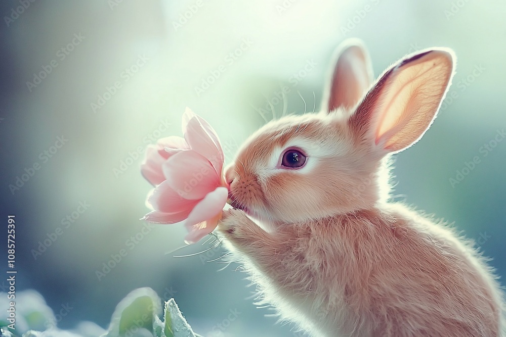 Obraz premium A Charming Bunny Enjoys a Gentle Blossom in a Dreamy Scene