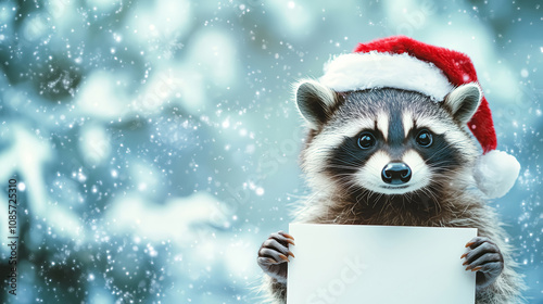 Friendly raccoon wearing Santa Claus hat and holding a rectangular blank mockup piece of paper in its paws on a blue Christmas background with snowflakes. photo