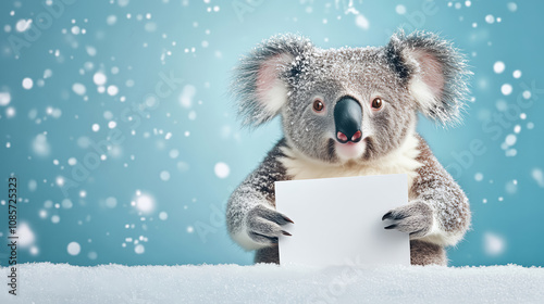 Cute friendly koala bear holding a rectangular blank mockup piece of paper in its paws on a pastel blue Christmas background with snowflakes. photo